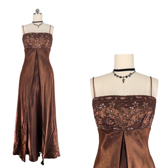 Vintage Morgan Co Prom Dress Maxi Gown Fairy 90s Y2K Split Empire Slip Brown M - Picture 1 of 10